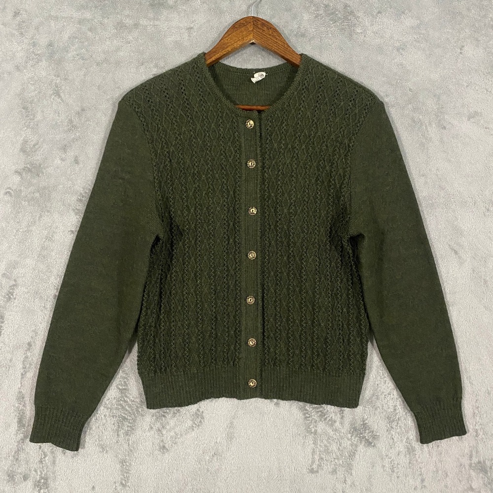 Woolmark Cardigan Sweater Sz M Green Wool Pointelle Knit Button Up VTG Cottage